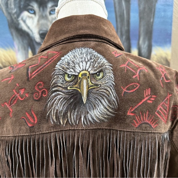 Gorgeous handpainted suede fringe jacket sz SM tribal Southwest horse eagle OOAK - Picture 5 of 10
